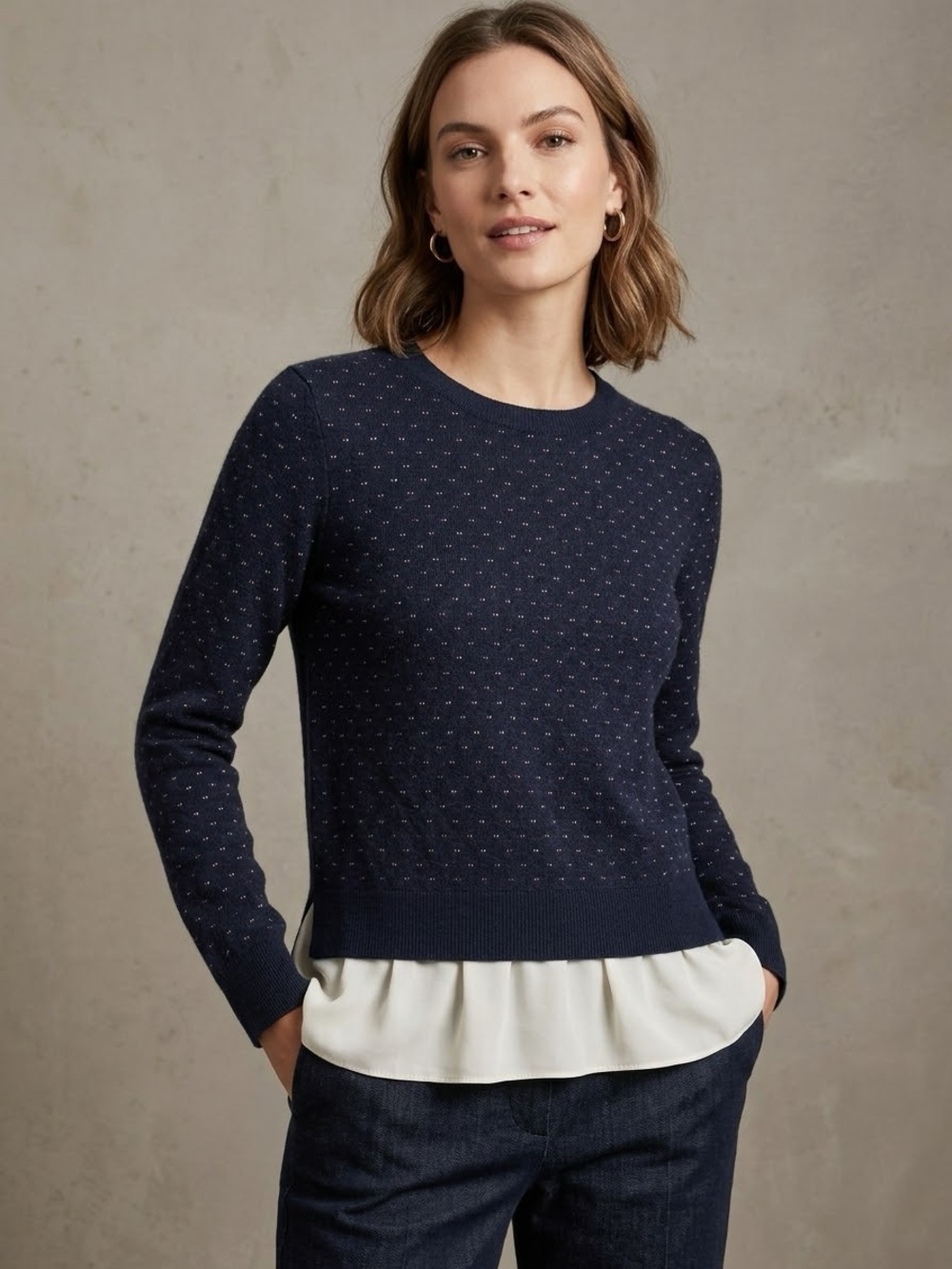 Club Monaco Extra Fine Merino Wool Layered Ruffle Hem Sweater XS Navy